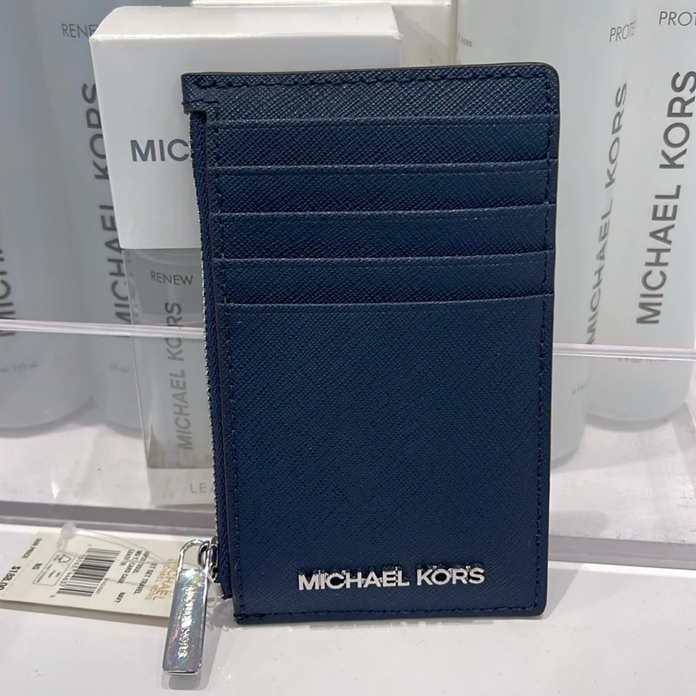 Michael Kors Jet Set Travel Medium Leather Card Case Navy Silver NWT
